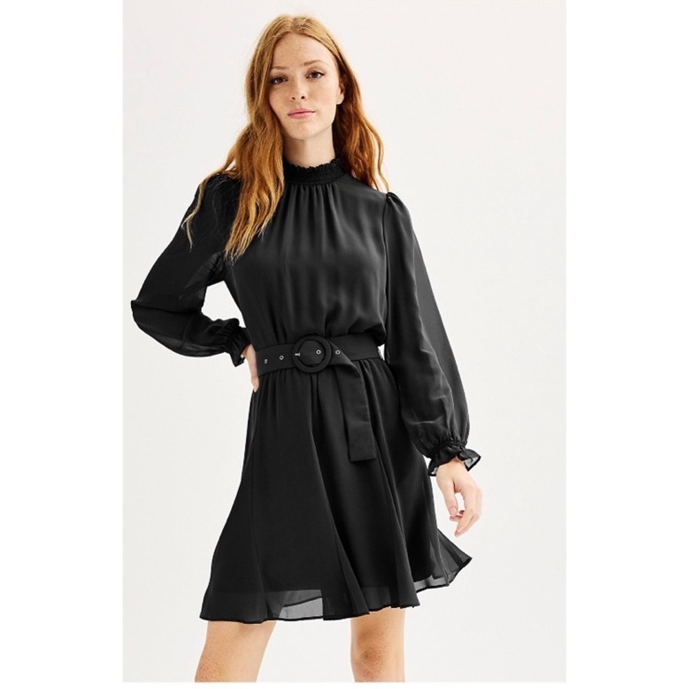 Nine West Women's Dress XL Fit & Flare  Long Sleeve Belted Mockneck Black NWT